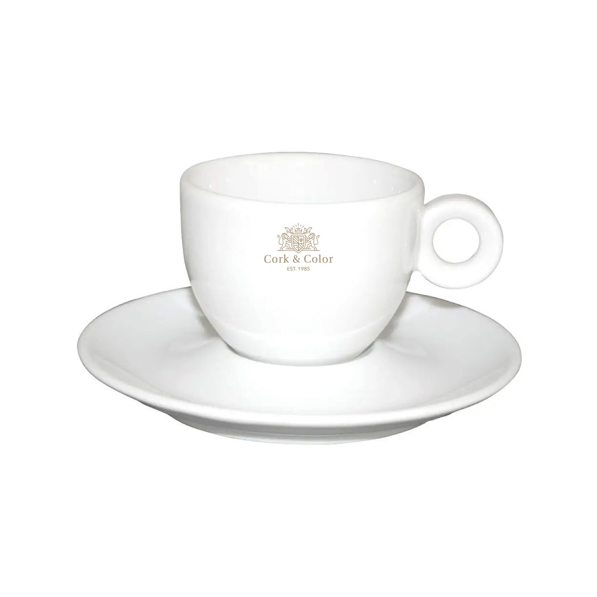 Bola koffie wit 15 cl. set met éénkleurig CorkColor-logo op voorzijde van het porselein.