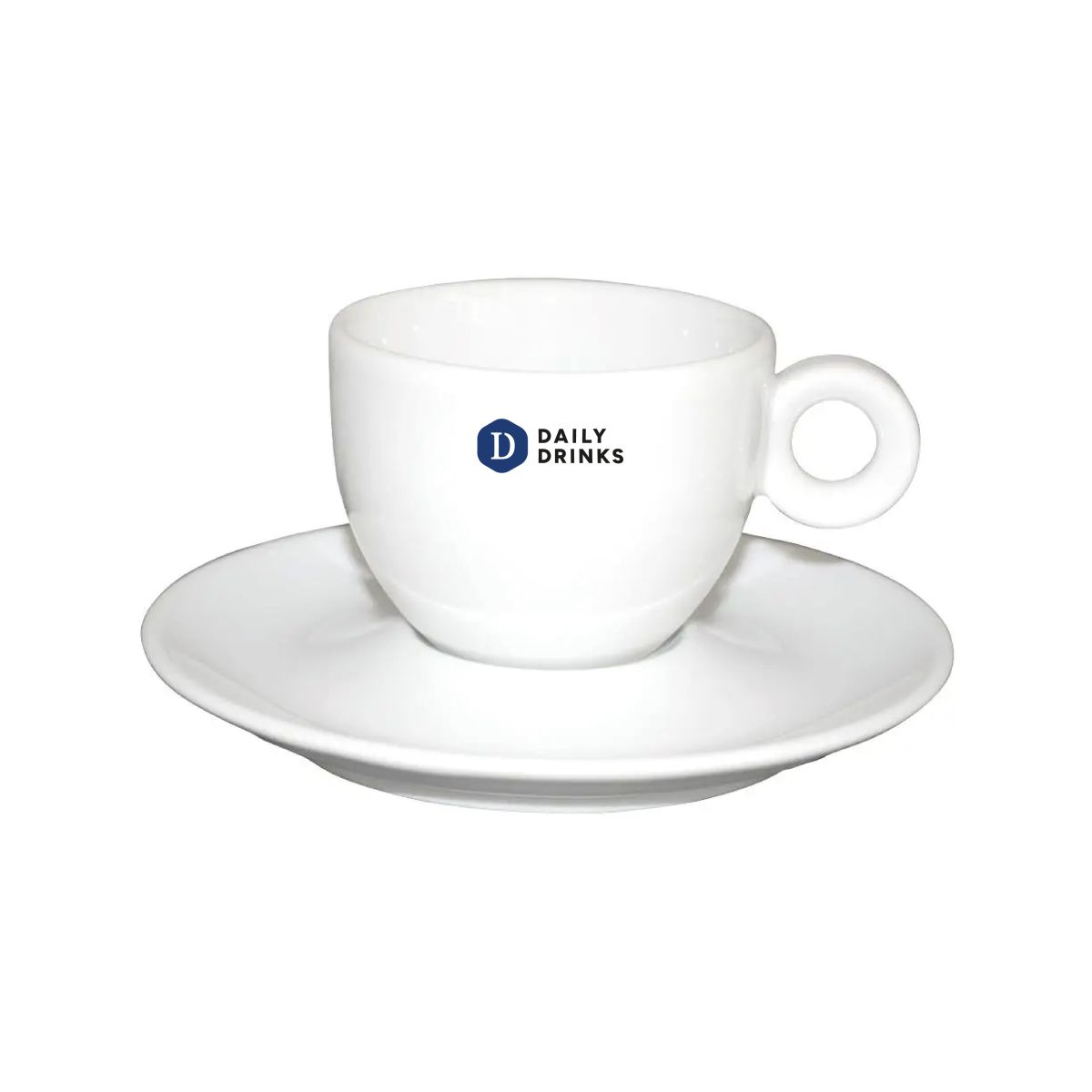 Voorzijde van Bola koffiekopje 15 cl. bedrukt met meerkleurig DailyDrinks-logo.