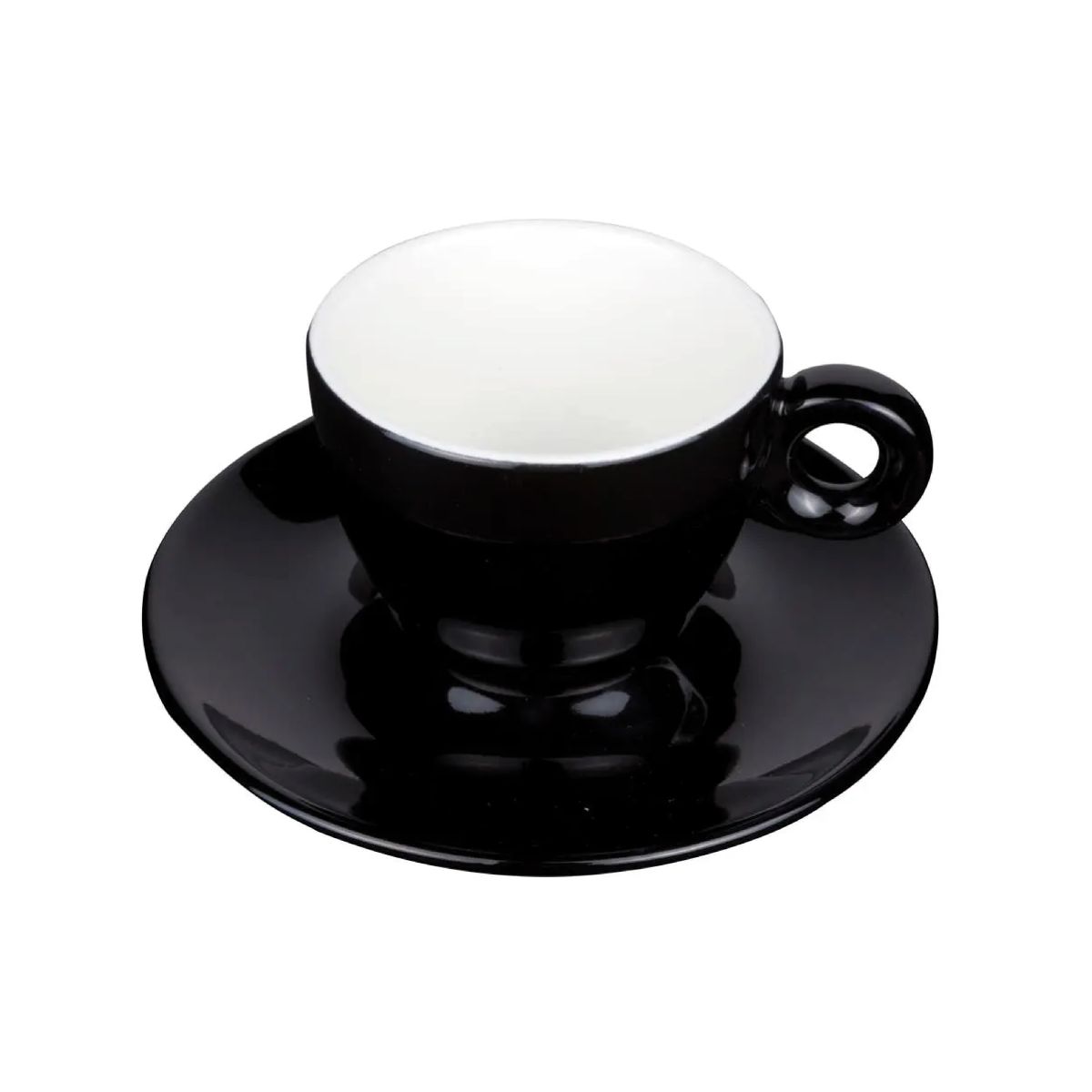 Vooraanzicht van Bola koffie 15 cl. set in zwart-wit porselein, met bolle vorm en glad oppervlak.