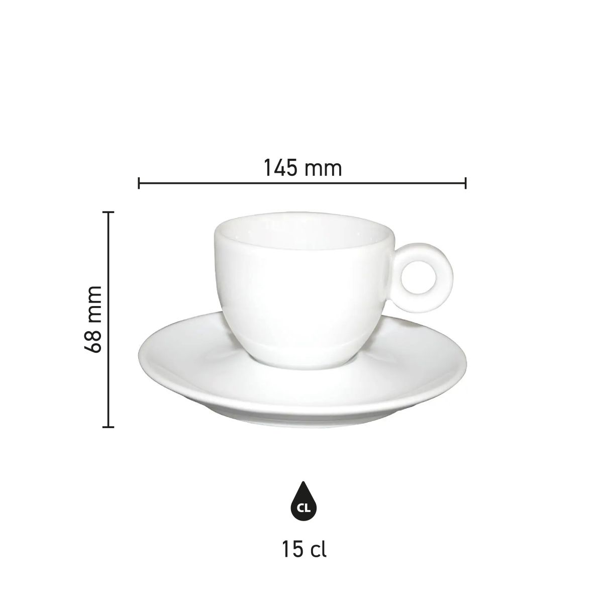 Infographic met maatvoering van Bola koffie wit15 cl. set inclusief hoogte en diameter.
