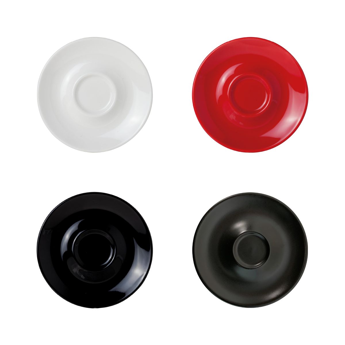 Verschillende porseleinen Bola Cappuccino Schotels (14,5 cm) in kleurvariatie-overzicht.