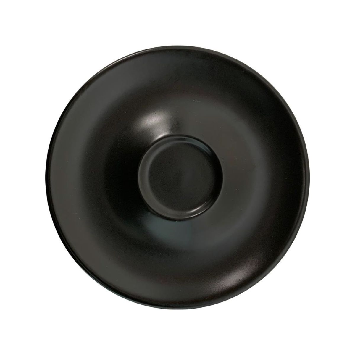 Frontale weergave van Bola Koffie Cappuccino Schotel van 14,5 cm in glad mat zwart porselein.