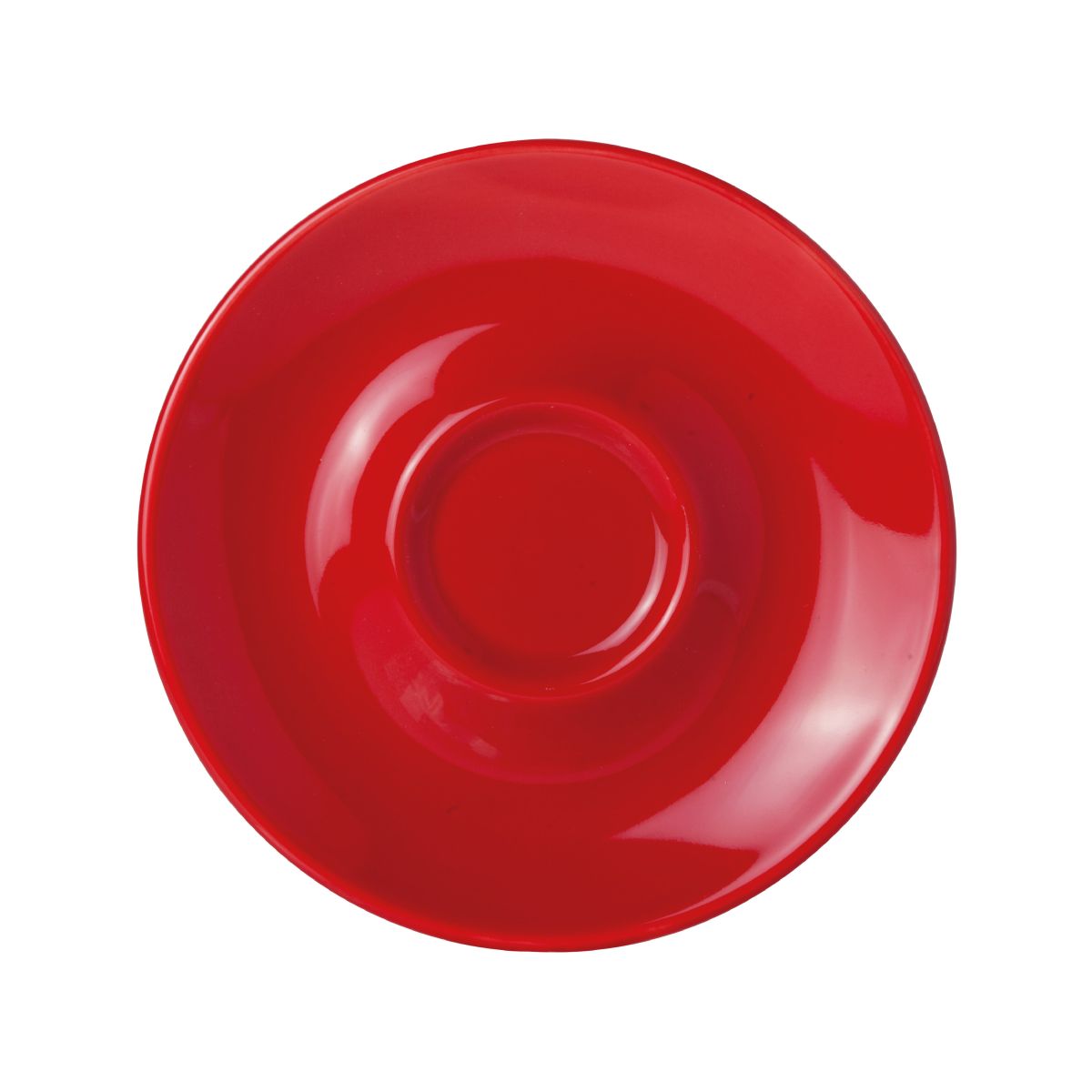 Frontale weergave van Bola Koffie Cappuccino Schotel van 14,5 cm in glad rood porselein.