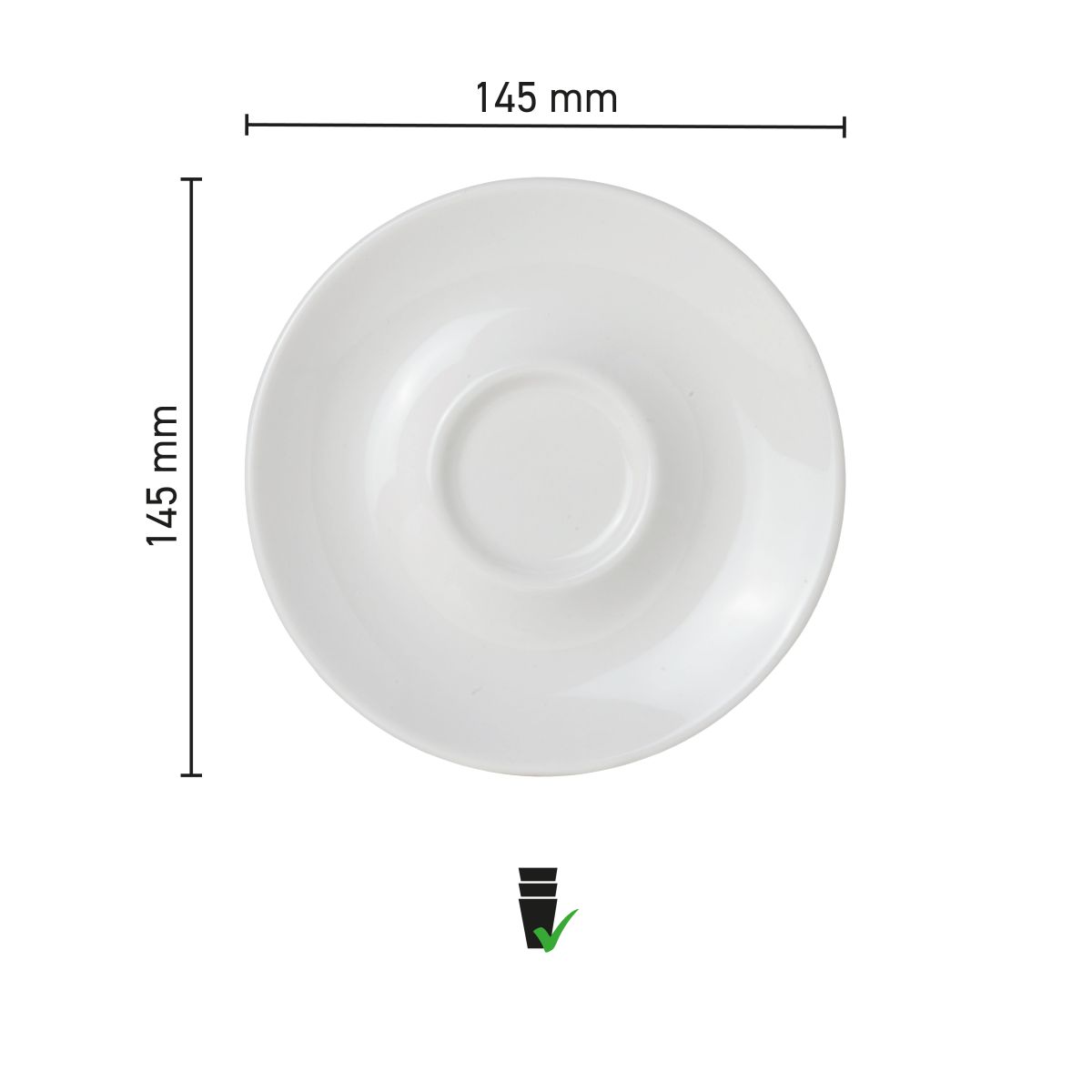 Infographic met afmetingen van de Bola cappuccinoschotel 14,5 cm, diameter centraal.