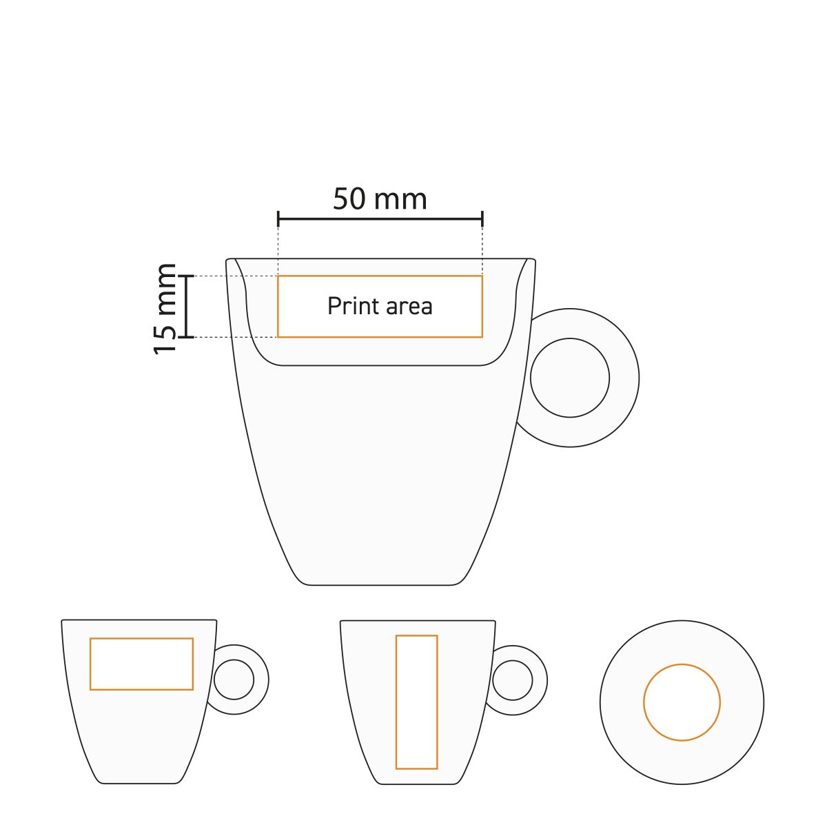 Technische werktekening van het drukgebied op de Bola koffie hoog wit 19 cl.