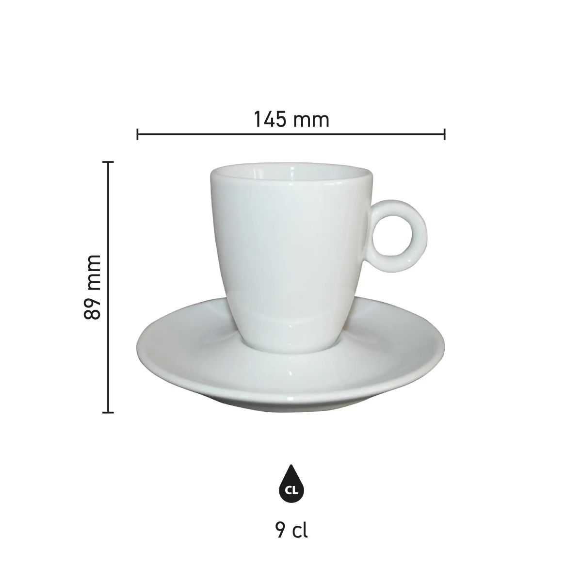 Infographic met productafmetingen van de Bola koffie hoog wit 19 cl., inclusief hoogte en inhoud.