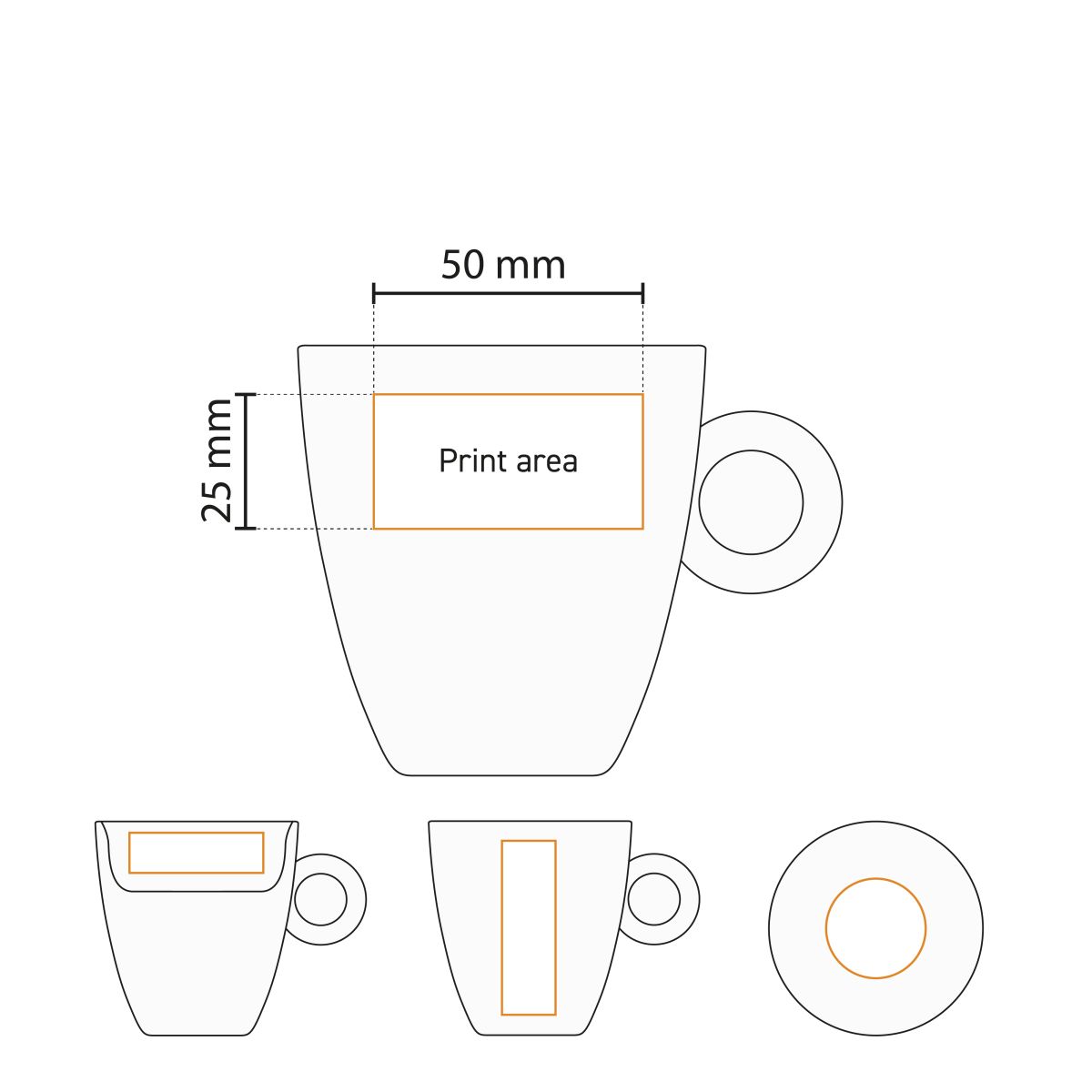 Drukgebied weergegeven op werktekening van Bola Koffie kop hoog wit 19 cl. porselein voor personalisatie.