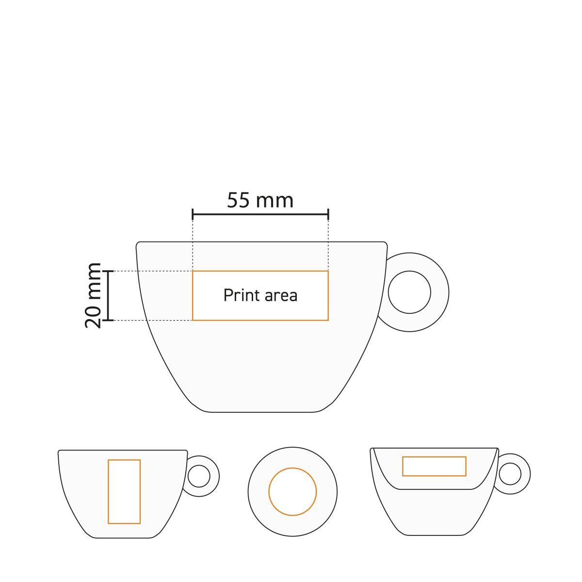 Technische werktekening met drukgebied van de Bola koffie verkeerd kop 28 cl., wit porselein.
