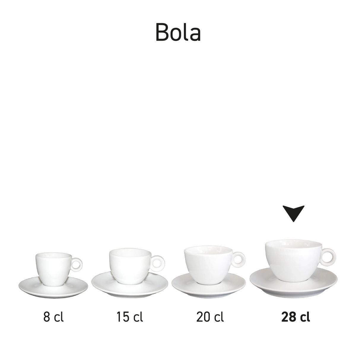 Serieoverzicht van Bola koffie verkeerd sets 28 cl. porselein als onderdeel van een servieslijn.