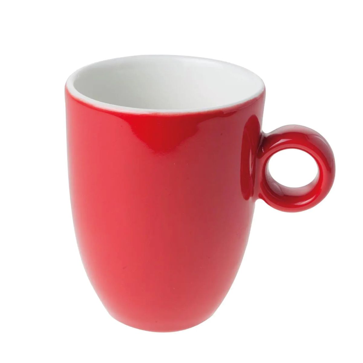Frontaal zicht op rood-witte Bola mok van porselein, 25 cl. zonder decoratie.
