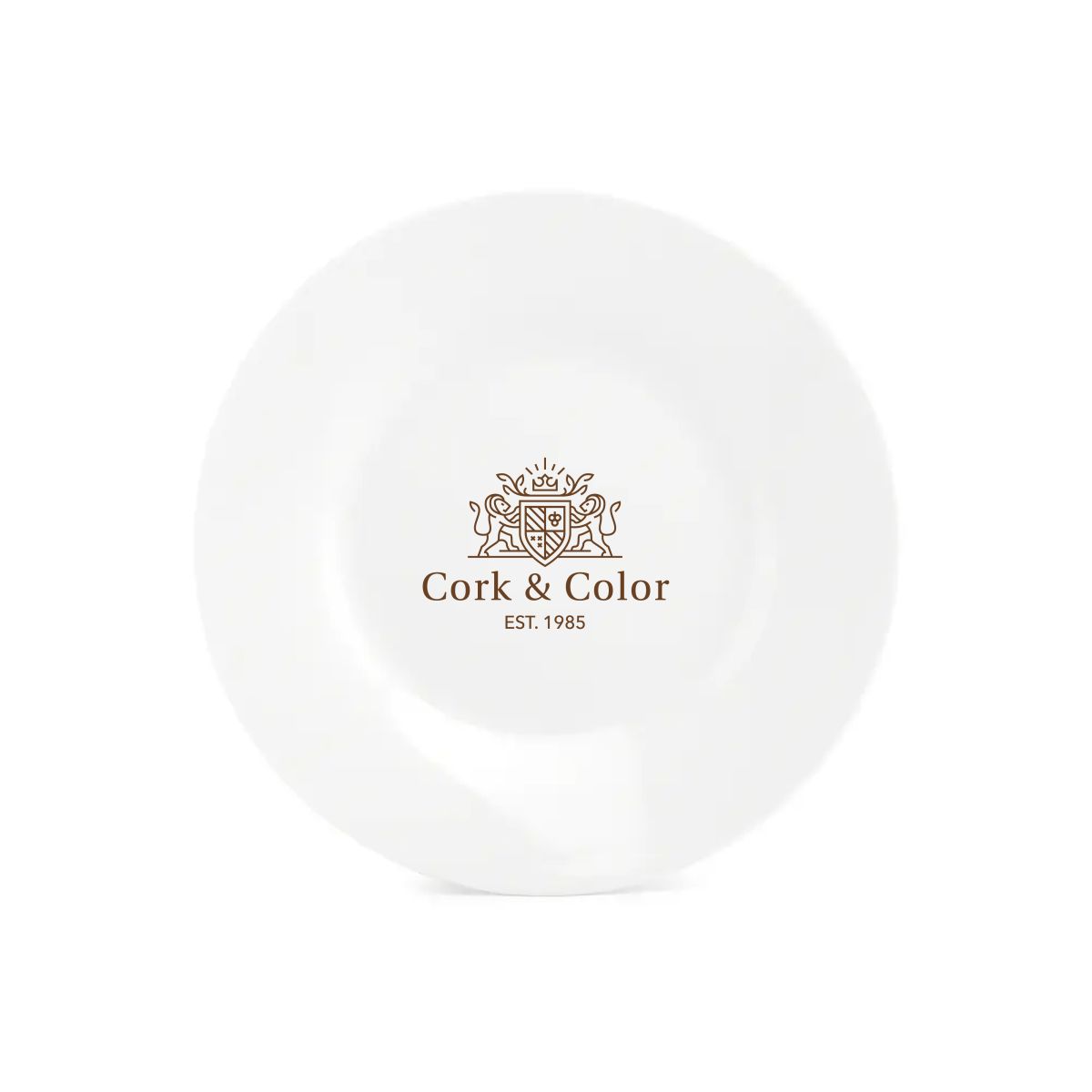 Bord Basic 15 cm porselein met CorkColor-logo in één kleur gecentreerd op het vooraanzicht.