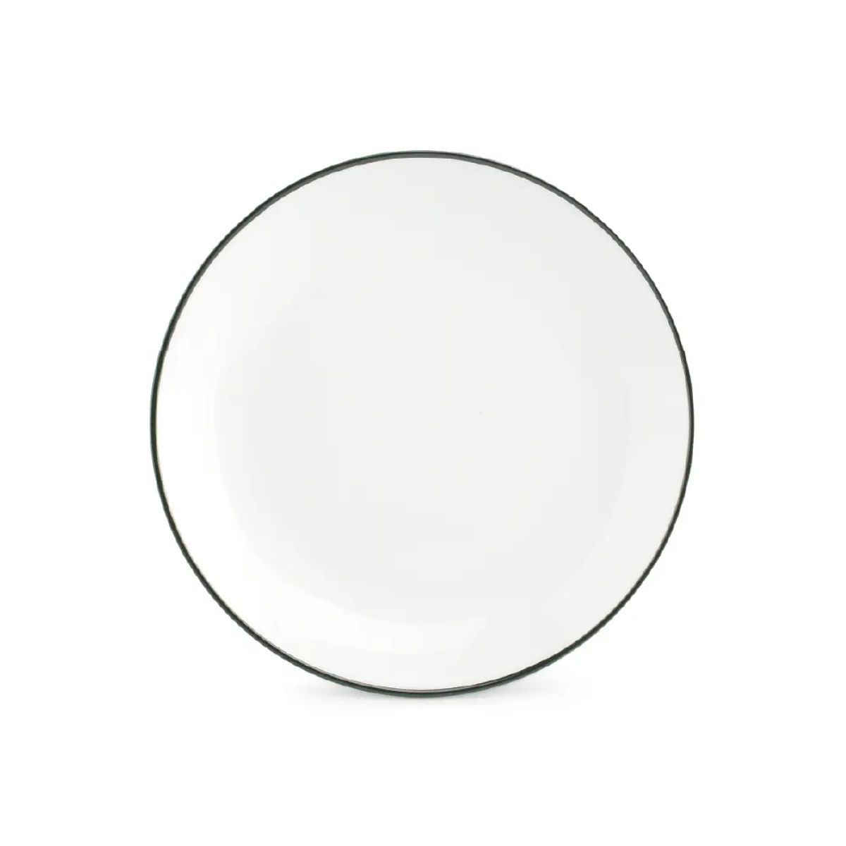 Rond bord van wit porselein met groene rand uit de Basic lijn, 15 cm doorsnee, recht van voren weergegeven.