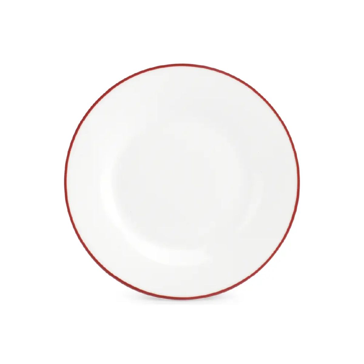 Rond bord van wit porselein met rode rand uit de Basic lijn, 15 cm doorsnee, recht van voren weergegeven.