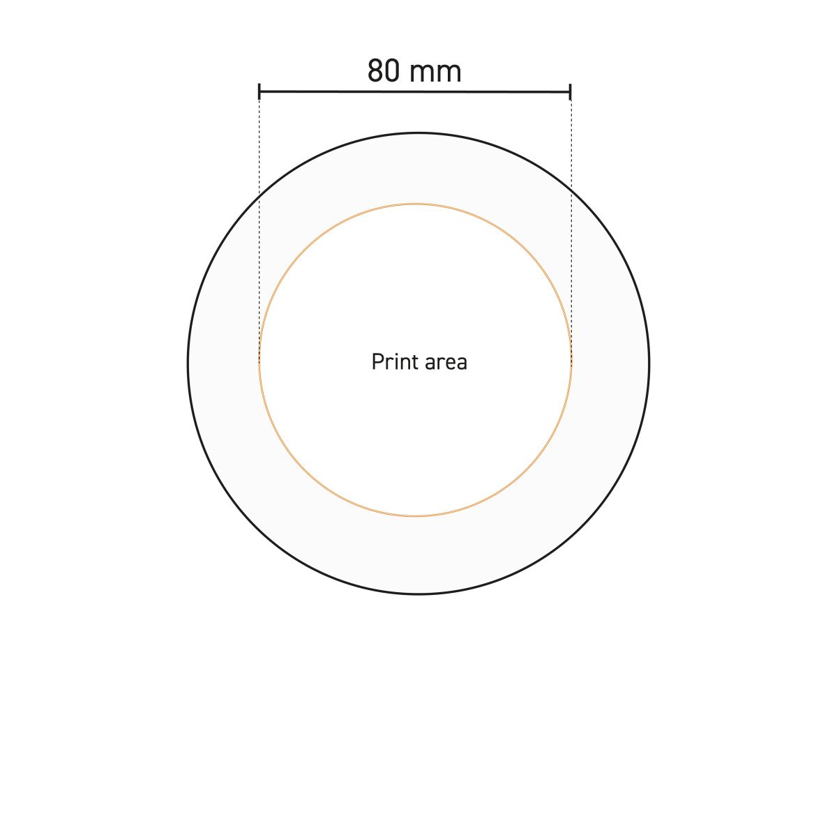 Technische tekening van het drukgebied op het porseleinen bord Basic 20 cm.
