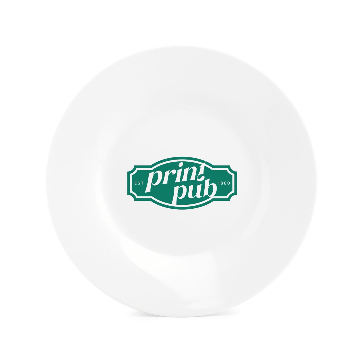Basic bord 20 cm porselein met PrintPub-logo in één kleur, gecentreerd op het oppervlak.
