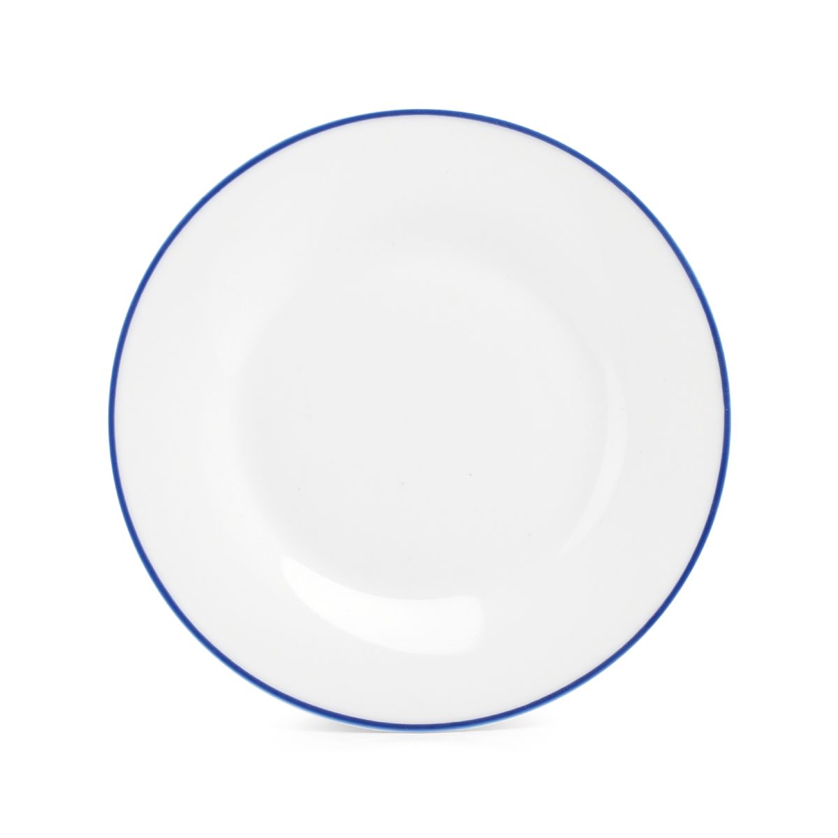 Basic lijn bord van wit porselein met blauwe rand en 20 cm diameter, zichtbaar in frontaal aanzicht.