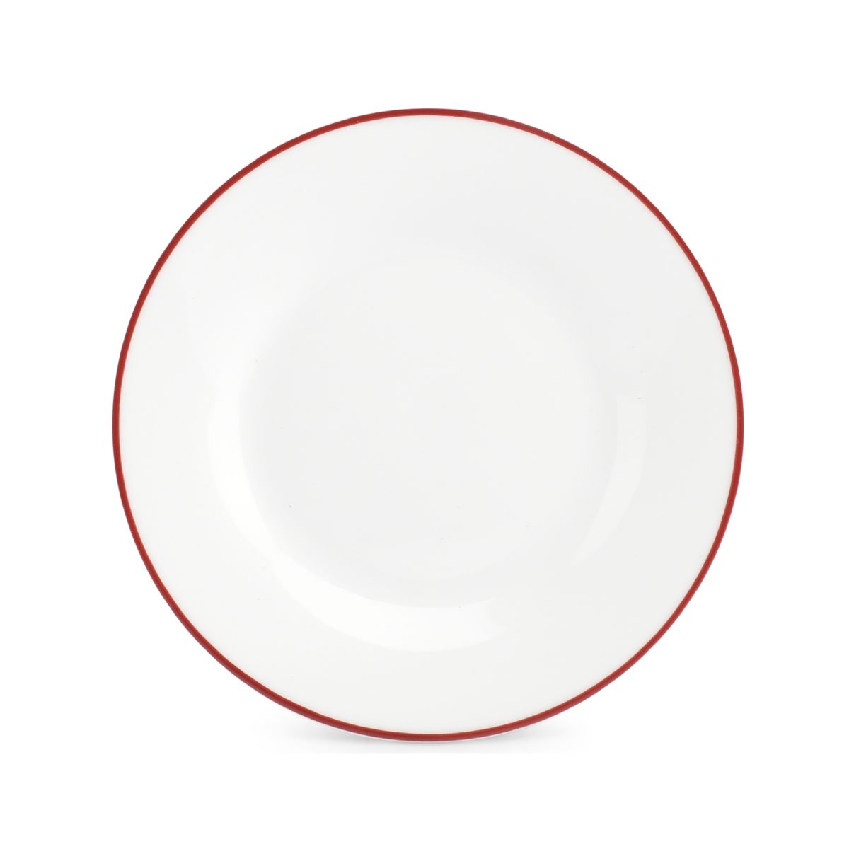 Basic lijn bord van wit porselein met rode rand en 20 cm diameter, zichtbaar in frontaal aanzicht.
