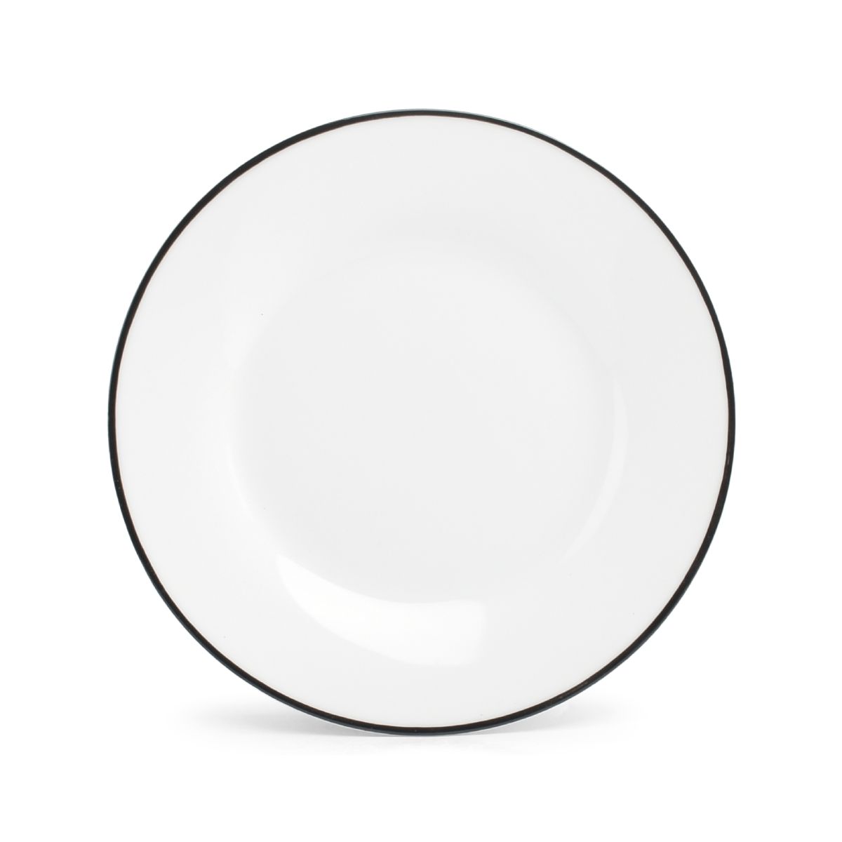 Basic lijn bord van wit porselein met zwarte rand en 20 cm diameter, zichtbaar in frontaal aanzicht.