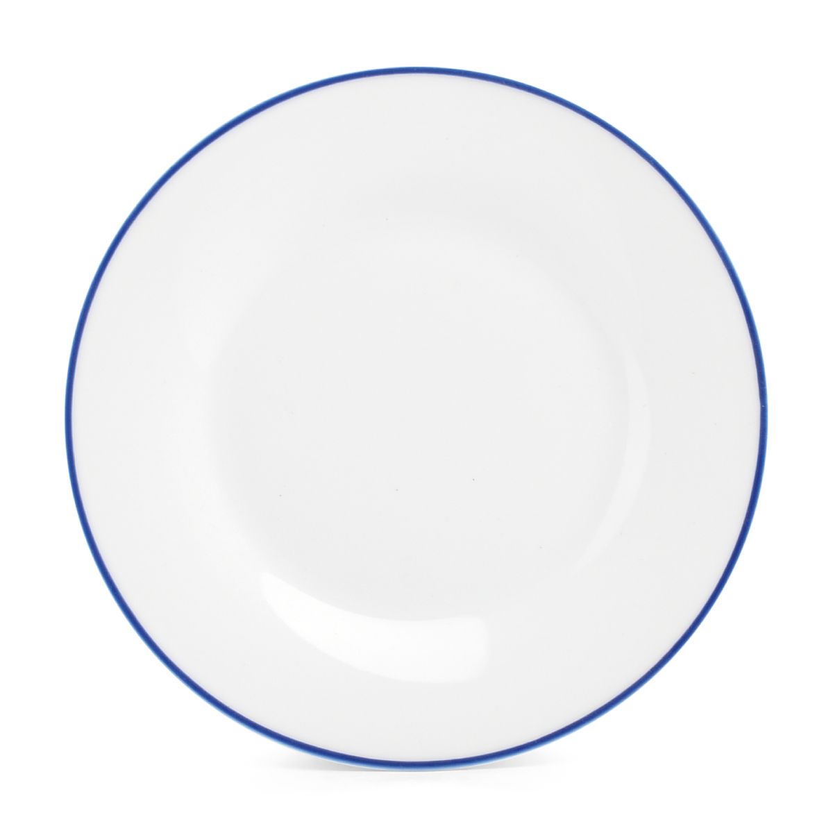 Vooraanzicht van een wit porseleinen bord 24 cm met blauwe rand uit de Basic-lijn, met glad oppervlak.