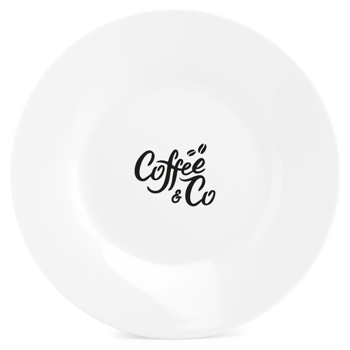 Bord Basic lijn 27 cm porselein, vooraanzicht met zwart CoffeeCo-logo op bovenrand.