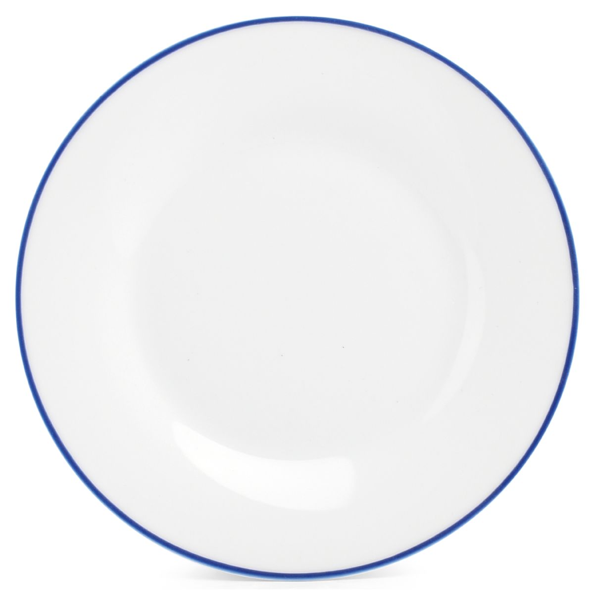 Rond porseleinen bord van 27 cm uit de Basic lijn met blauwe rand, wit en symmetrisch van voren gezien.