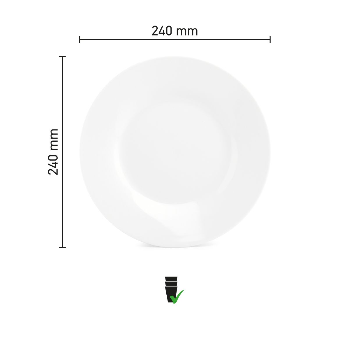 Infographic met productafmetingen van bord Basic lijn 27 cm porselein, inclusief diameter.