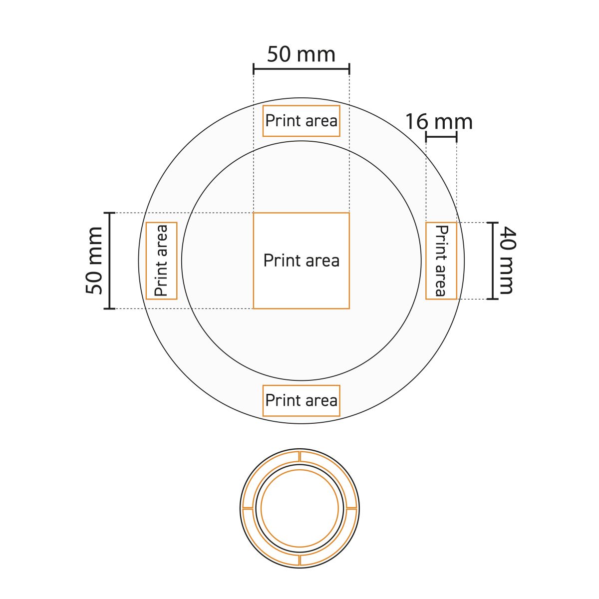 Technische werktekening van drukgebied op het bord brede rand wit 17 cm glas.