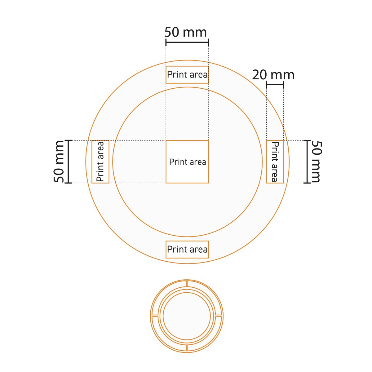 Werktekening van drukgebied op bord brede rand 26,5 cm porselein met logopositie.