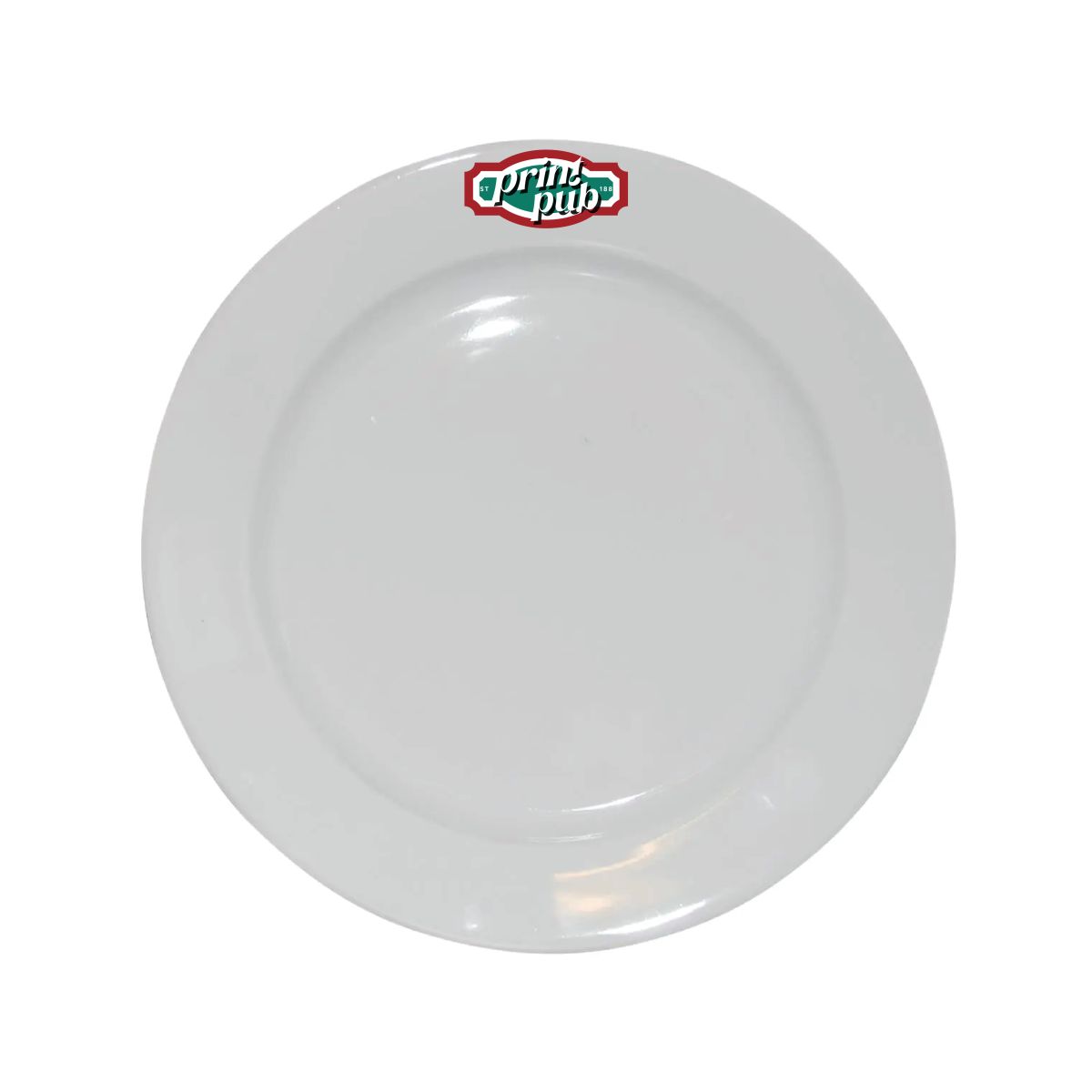 Voorzijde van porseleinen bord met brede rand van 23 cm, bedrukt met PrintPub-logo in 4 kleuren.
