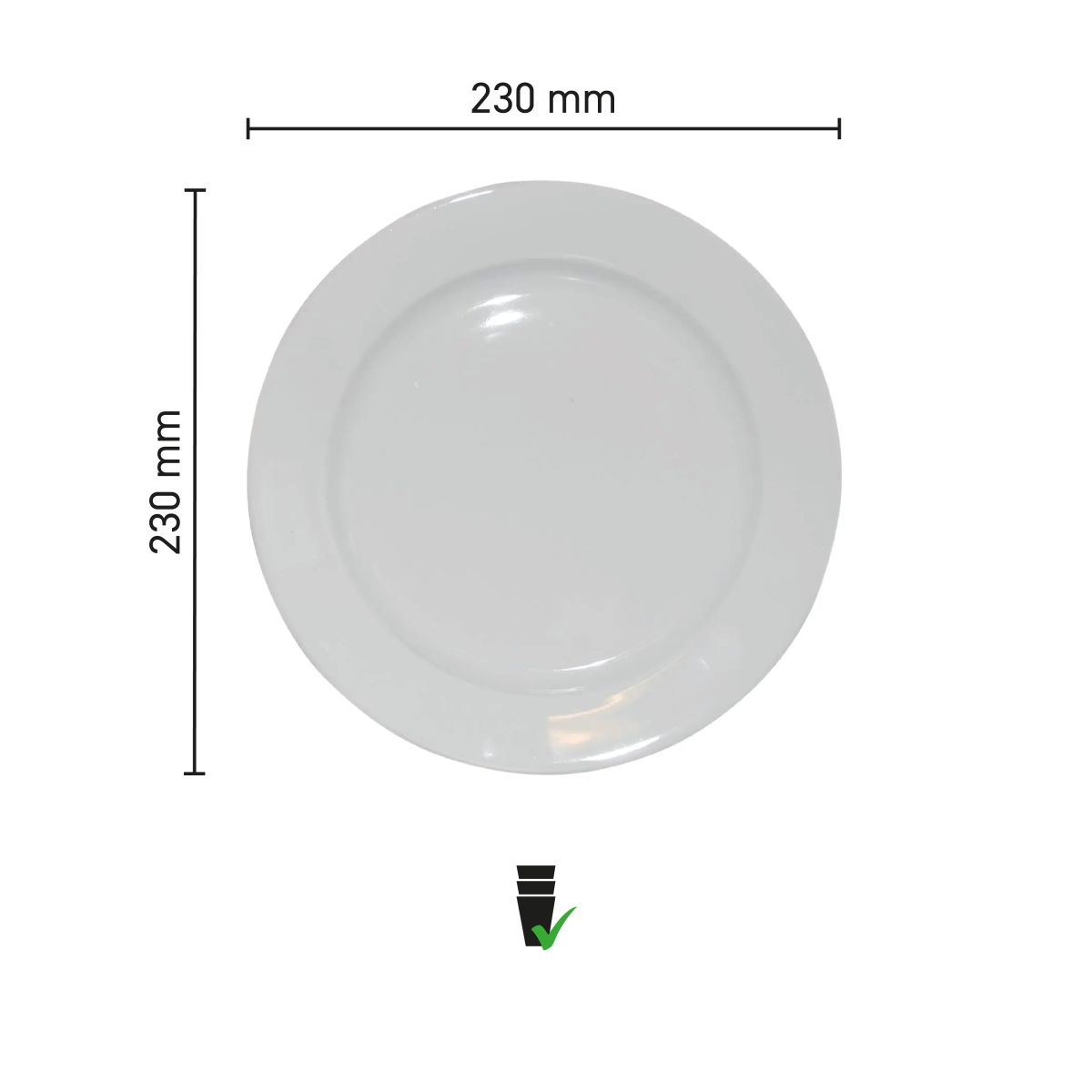 Infographic toont afmetingen van wit porseleinen diep bord met brede rand van 23 cm.