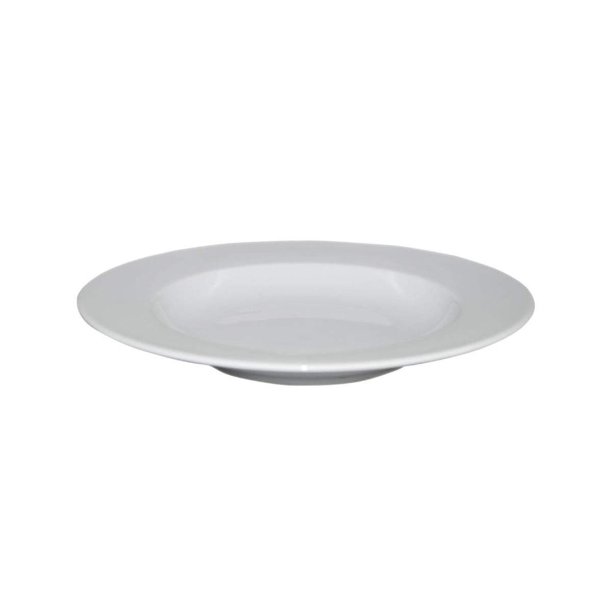Zijaanzicht van diep porseleinen bord 23 cm met brede witte rand en licht oplopende wand.        Vraag ChatGPT