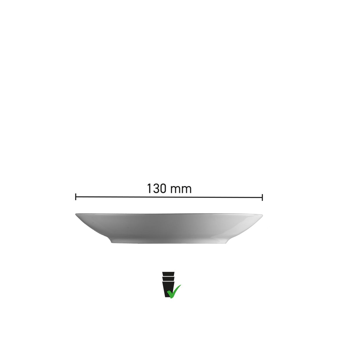 Infographic met afmetingen van porseleinen diep bord Isabelle 13 cm, inclusief randhoogte.
