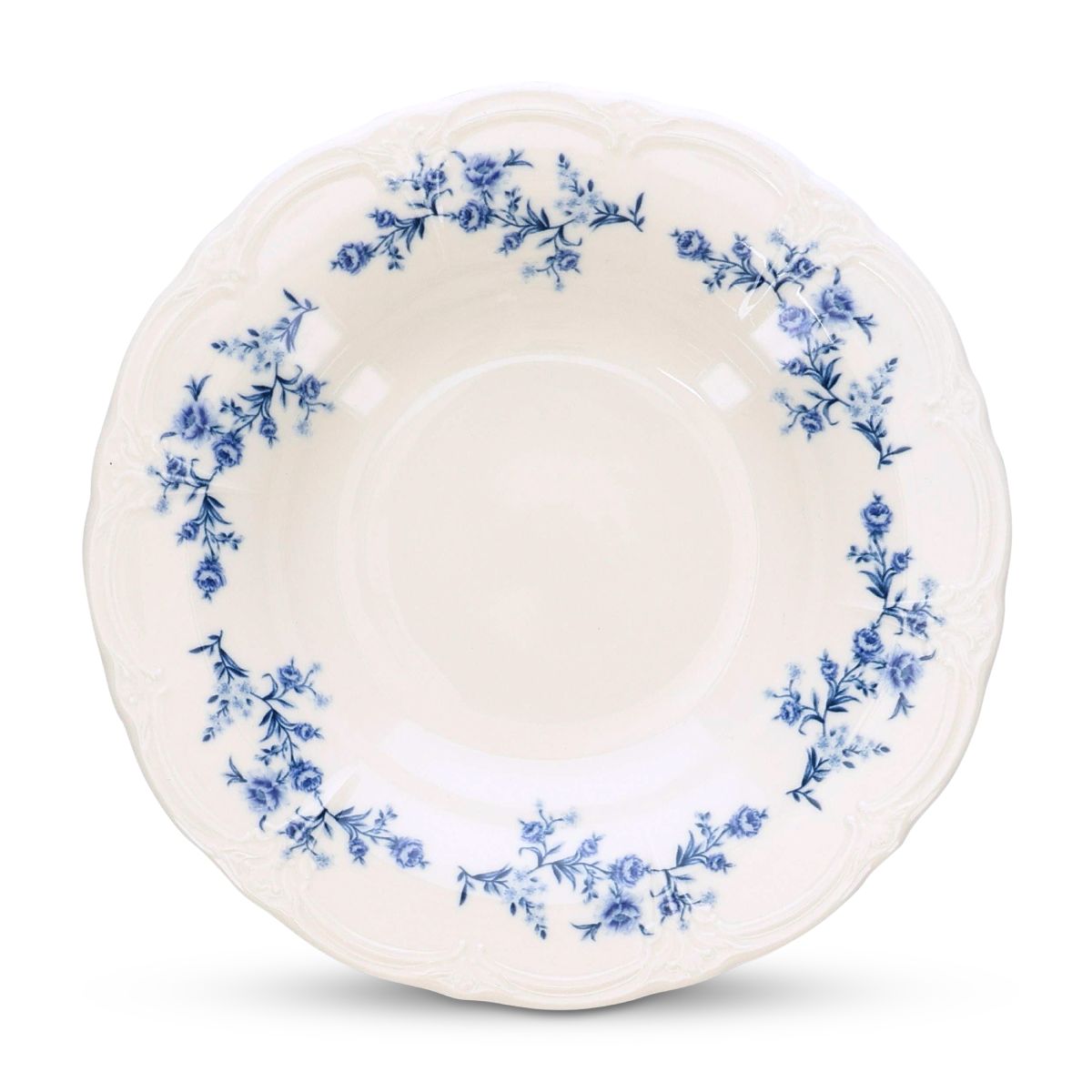 Vooraanzicht van diep bord Retro 24 cm in ivoor-blauw porselein met gladde afwerking en ronde rand.