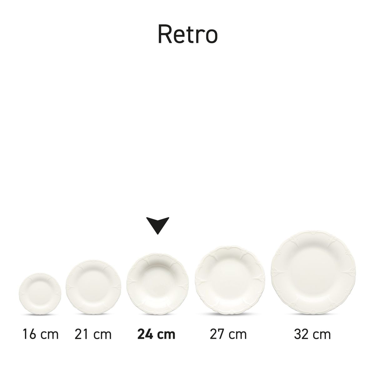 Set diepe borden Retro van 24 cm porselein naast elkaar gepresenteerd in uniforme stijl.