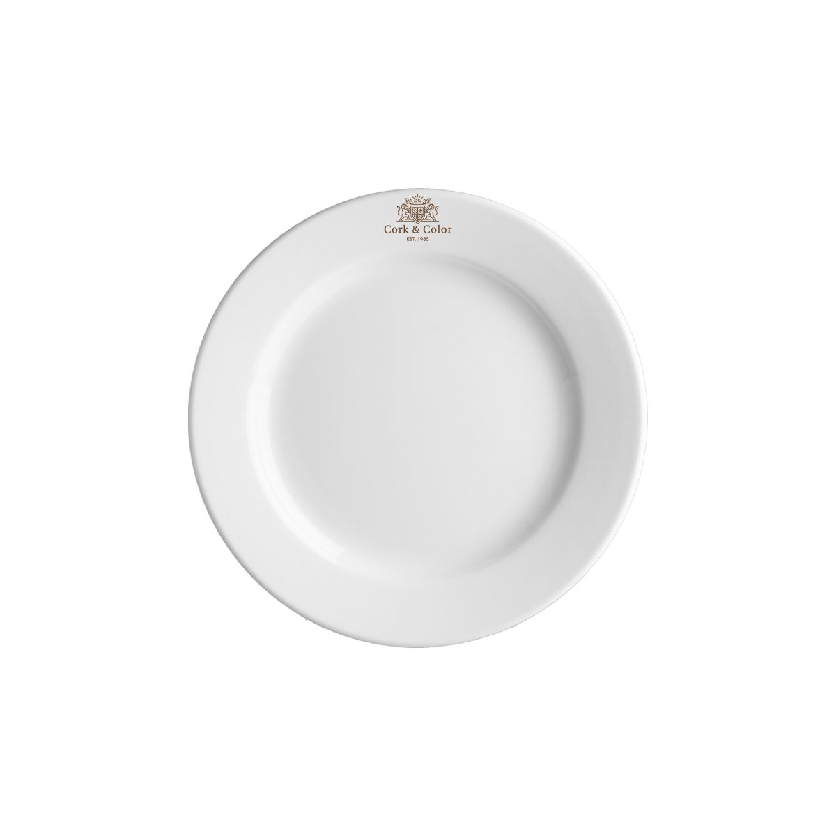 Wit porseleinen bord Princip 15 cm met centraal logo in één kleur van CorkColor aan voorzijde.