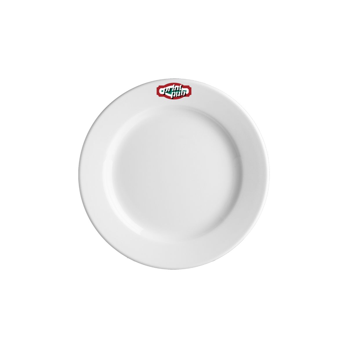 Vooraanzicht van porseleinen bord Princip 15 cm met opvallend meerkleurig PrintPub-logo.