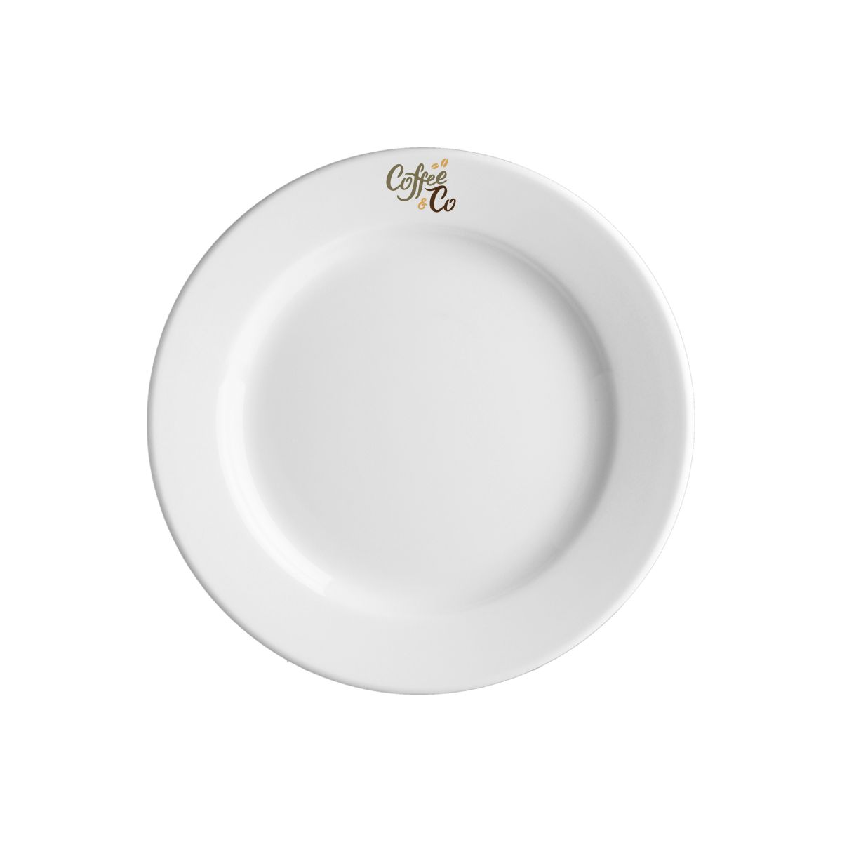Vooraanzicht van het Bord Princip 17 cm porselein met meerkleurig CoffeeCo-logo centraal bedrukt.