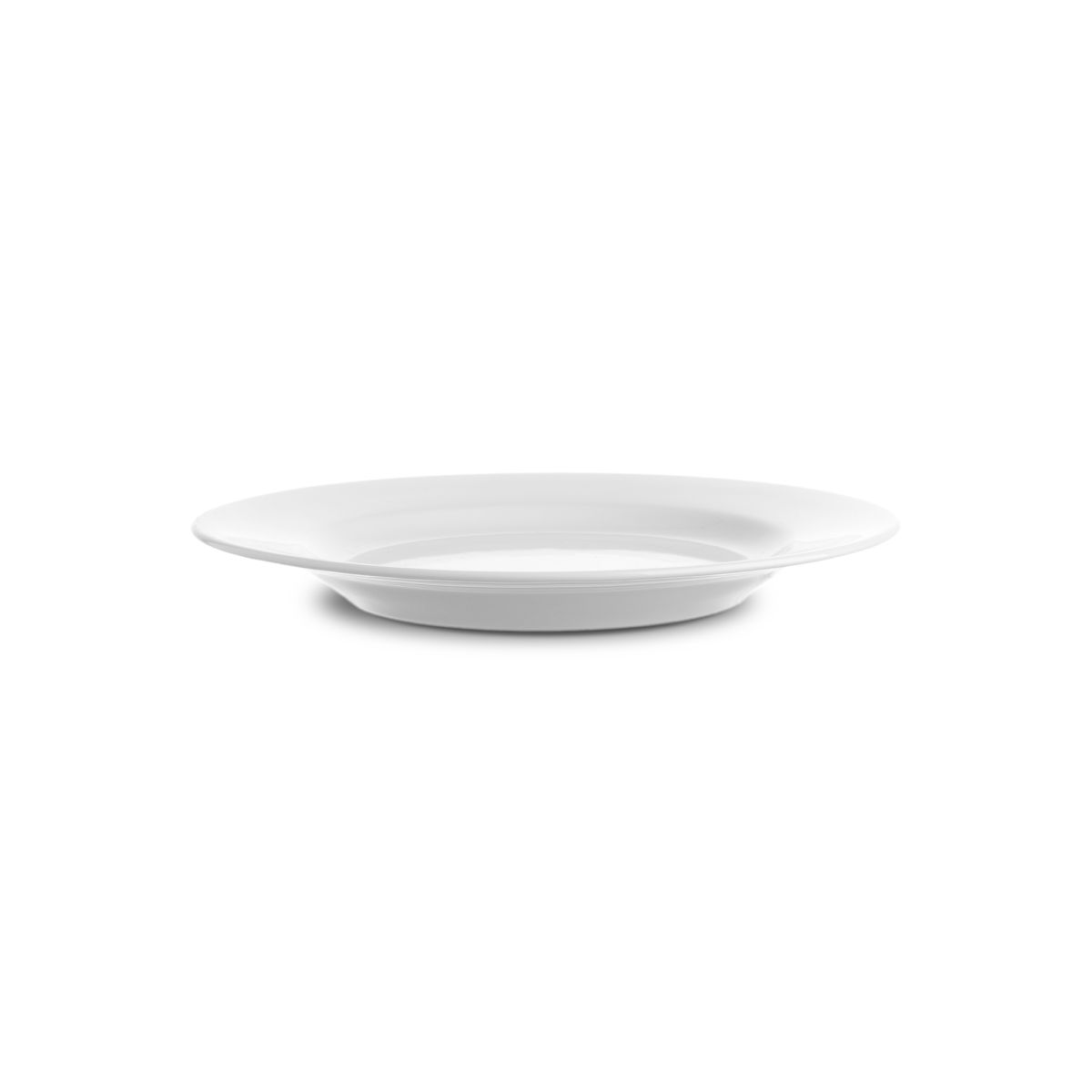 Zijaanzicht van het porseleinen Bord Princip 17 cm, met dun profiel en licht opstaande rand.