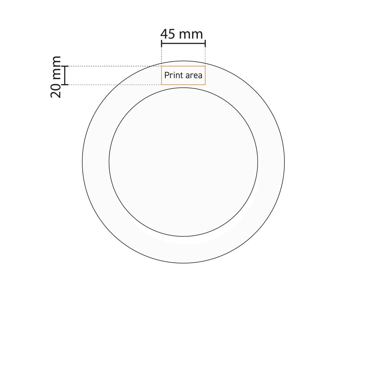 Technische werktekening van het Bord Princip 17 cm porselein met gemarkeerd drukgebied voor logo.
