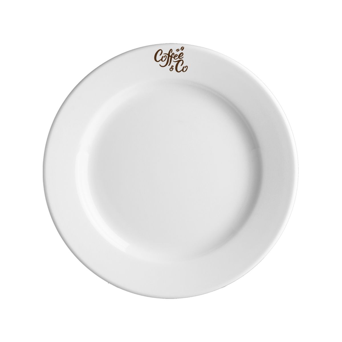 Porseleinen Bord Princip 19 cm met opdruk van CoffeeCo-logo in één kleur op het bovenvlak.