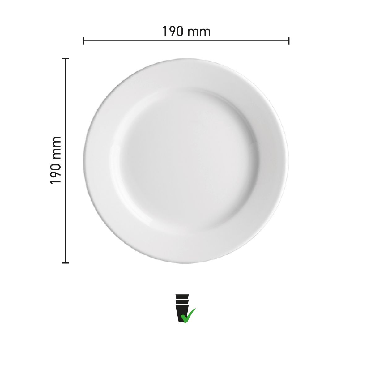 Infographic met maten van het Bord Princip 19 cm porselein, inclusief diameter en hoogte.