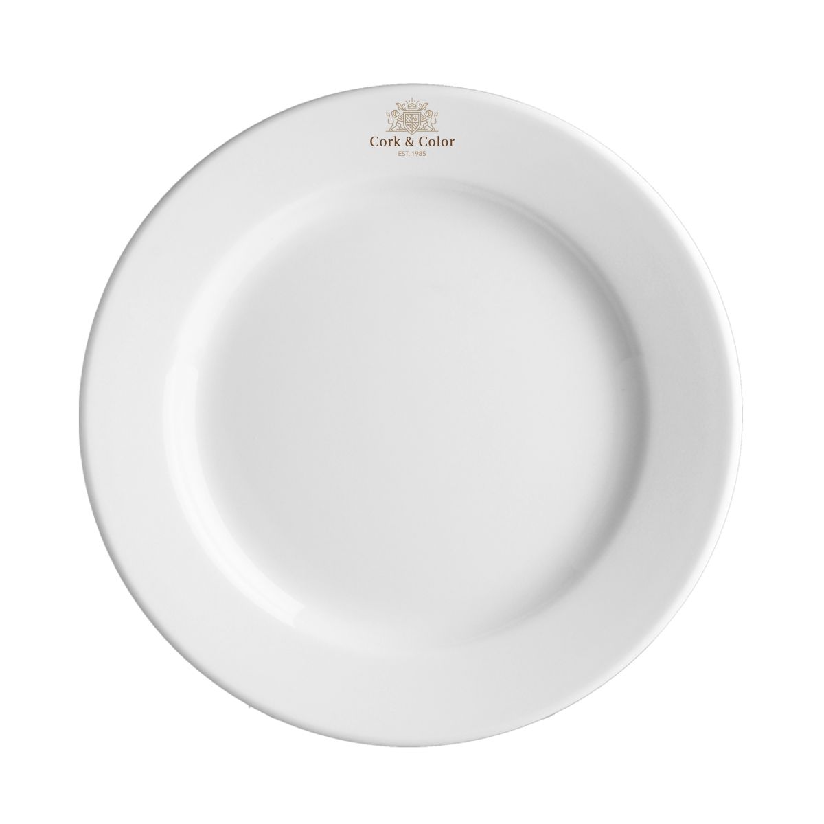 Voorzijde van Bord Princip 21 cm porselein met meerkleurig CorkColor-logo op het bordvlak.