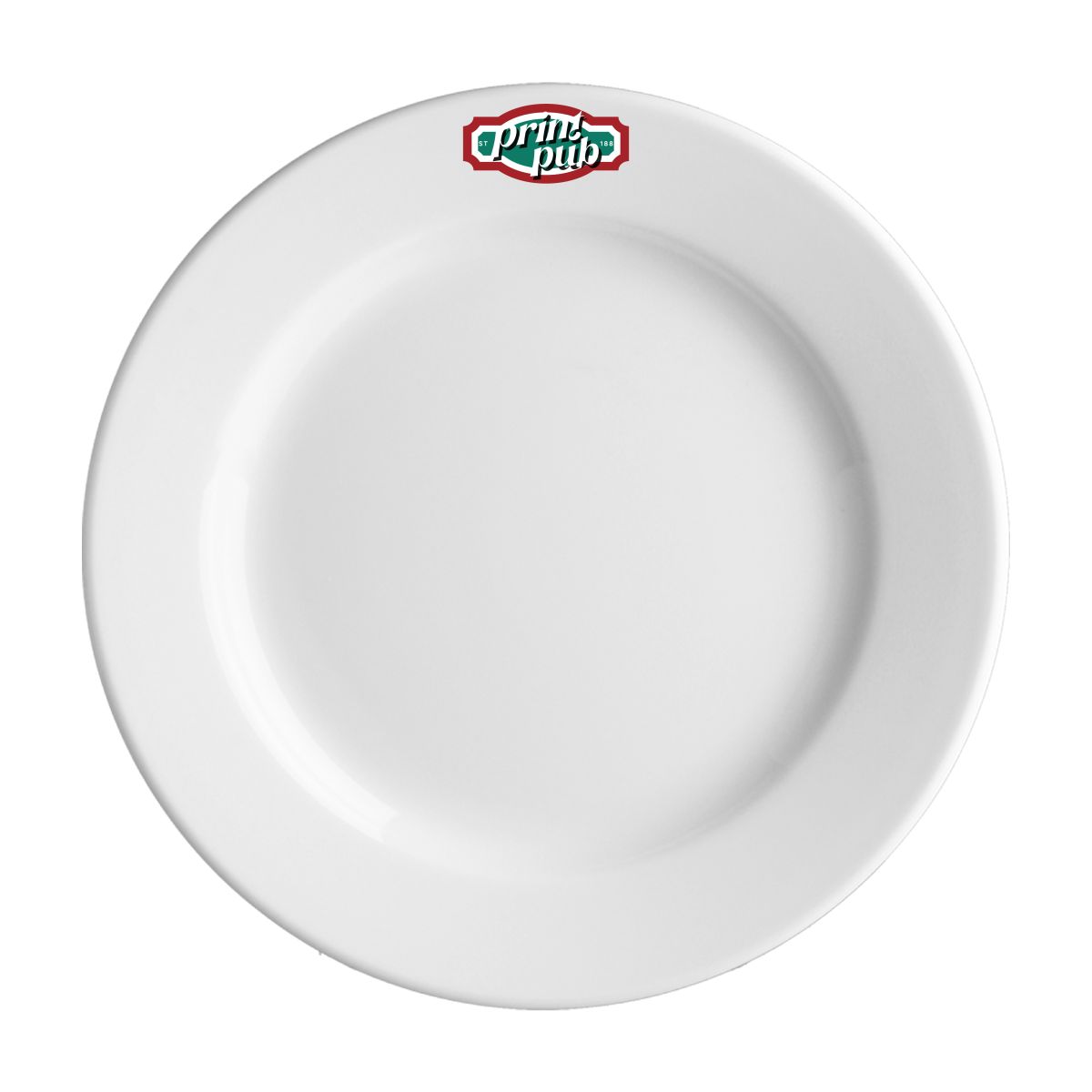 Meerkleurig PrintPub-logo op porseleinen bord Princip 24 cm, zichtbaar in het midden van het bord.