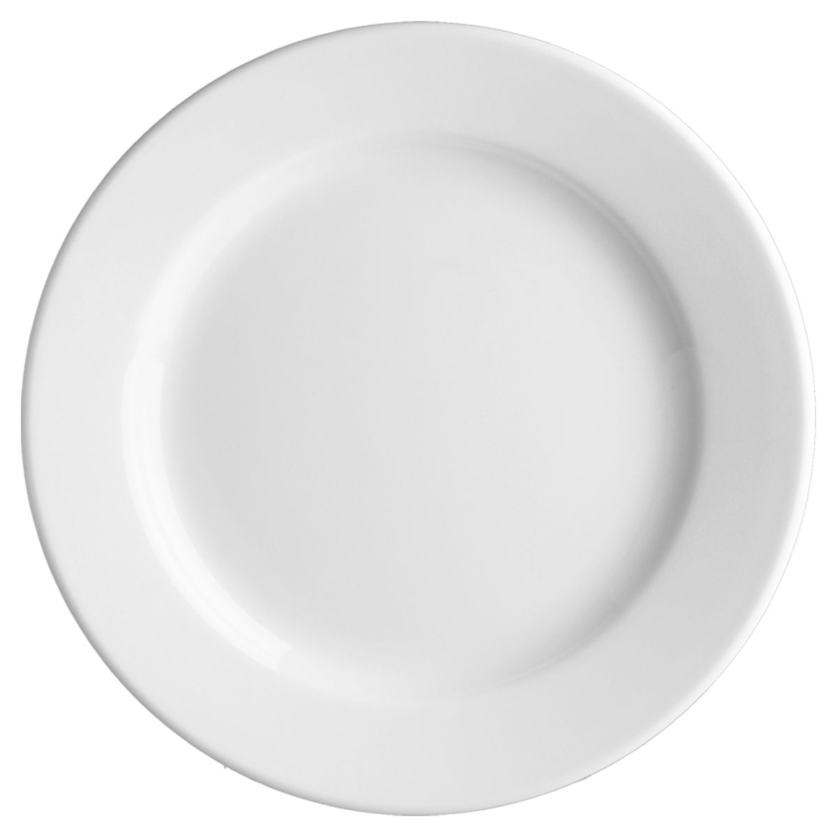 Vooraanzicht van het bord Princip  28 cm van wit porselein met glad oppervlak en smalle rand.