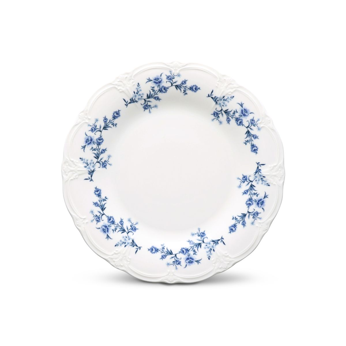 Rond porseleinen bord Retro 16 cm in ivoor-blauw, vooraanzicht toont glad oppervlak en smalle rand.