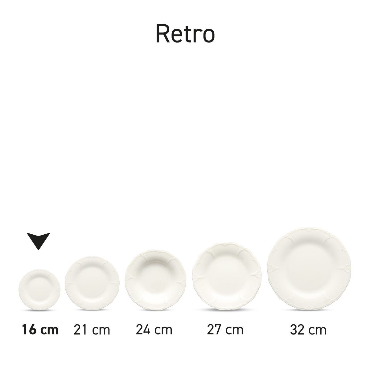 Serieopstelling van meerdere Retro borden porselein in verschillende composities.