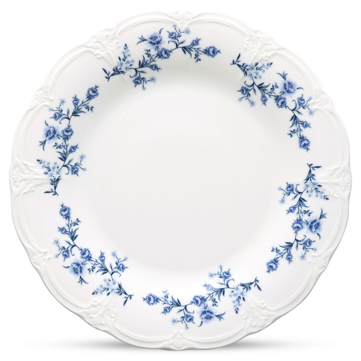 Rond ivoor-blauw bord Retro 32 cm met glad oppervlak en subtiele opstaande rand in frontaal aanzicht.