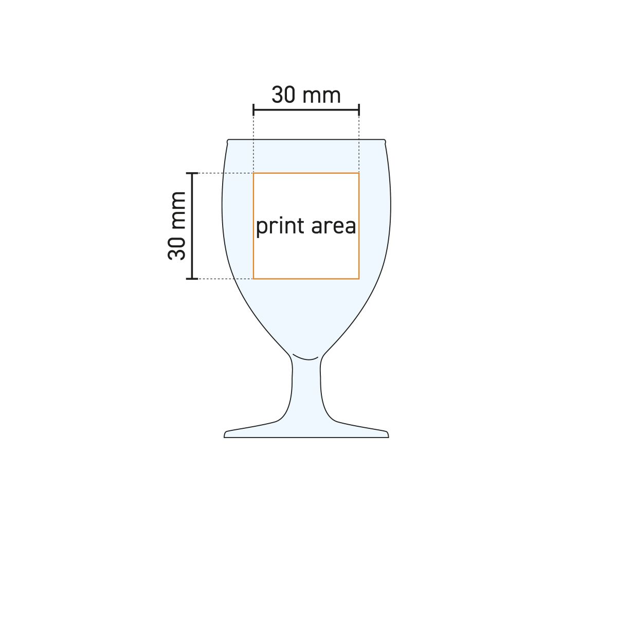 Technische werktekening met drukgebied op Gilde borrelglas 3,5 cl, aanduiding van bedrukkingsvlak.