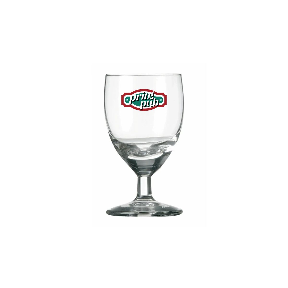 Borrelglas Gilde 3,5 cl. met meerkleurig PrintPub-logo op het vooraanzicht, gedrukt op helder glas.