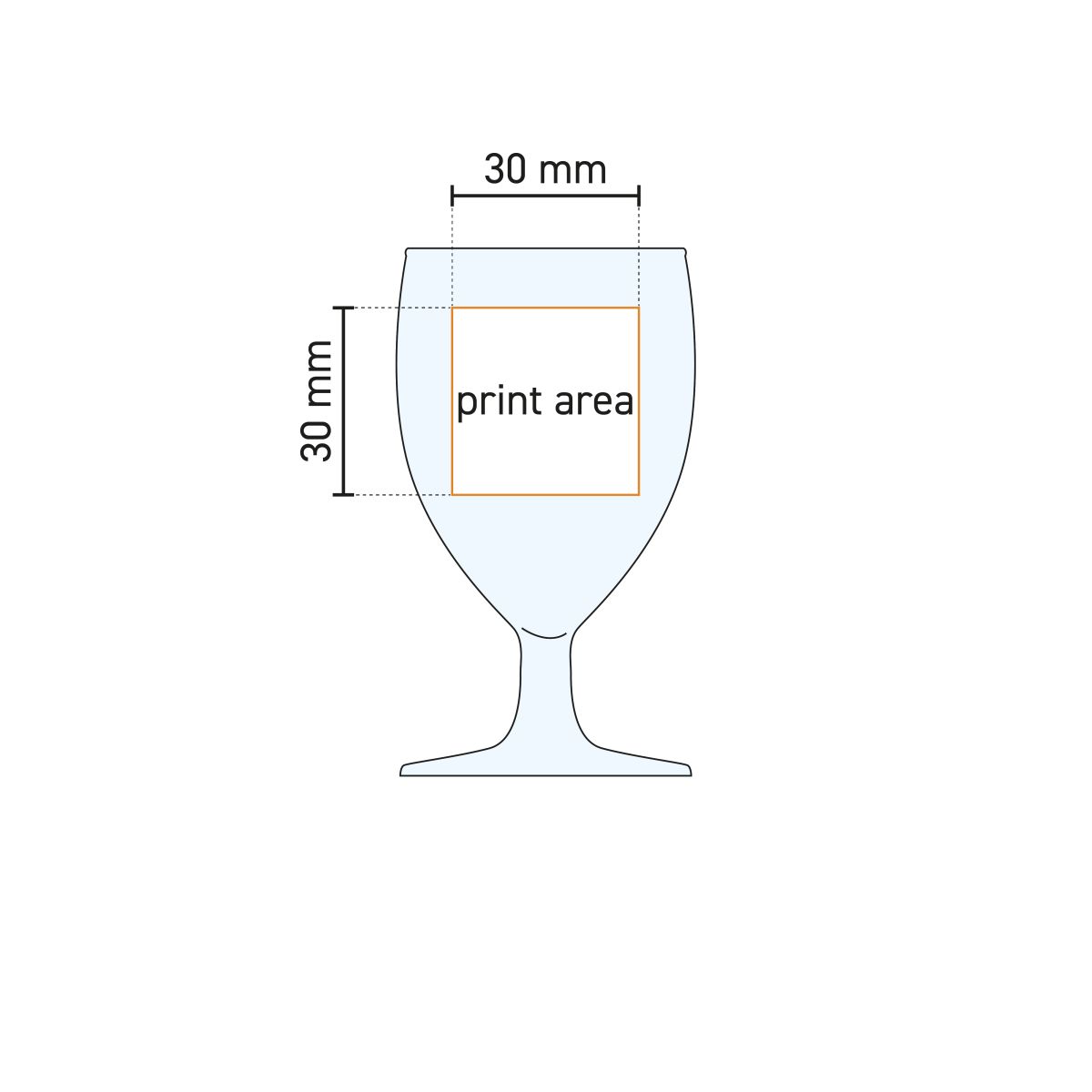 Technische tekening van drukgebied op borrelglas Gilde 6 cl. met markeringen voor bedrukking.